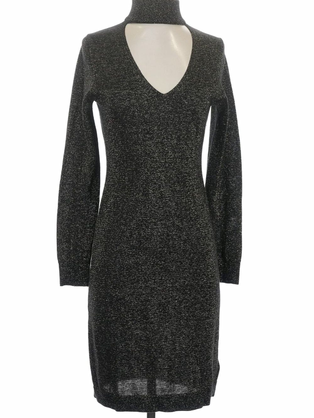 Michael Kors Lurex Black Metallic Knit Long-Sleeve V-Neck Dress